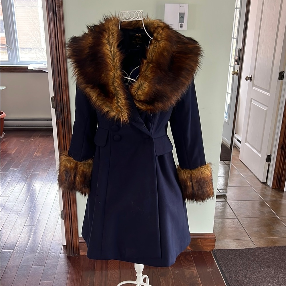 Hell Bunny Blue and Brown Trench Coat with Fur Trim